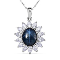 Blue Star Sapphire (DF) and Moissanite 8.25 ctw Starlite Celestial Pendant Necklace in Rhodium Over Sterling Silver 20 Inches