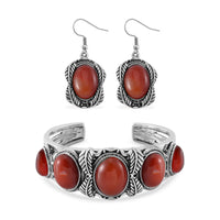 Set of 2 Lapis Lazuli 150.00 ctw Cuff Bracelet (7.5 In) and Earrings in Silvertone