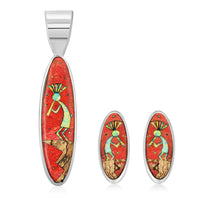 Santa Fe Style Red Coral Kokopelli Pendant and Earrings in Sterling Silver 10.70 ctw