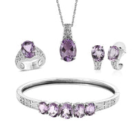 TLV Rose De France Amethyst Bangle Bracelet (7.25In), Earrings, Ring (Size 5.0) and Pendant Necklace (20 Inches) in Stainless Steel 31.70 ctw