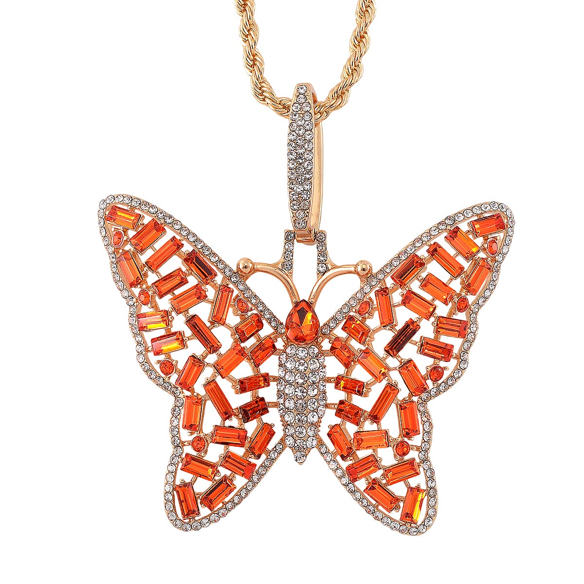 Orange and White Austrian Crystal Butterfly Pendant Necklace in Goldtone 24 Inches
