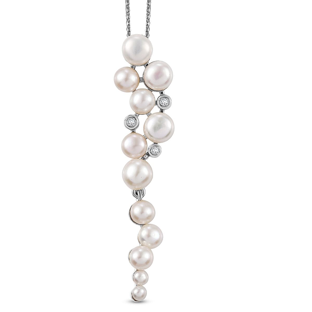 Freshwater Pearl, Moissanite Pendant Necklace (20 Inches) in Platinum Over Sterling Silver 0.08 ctw