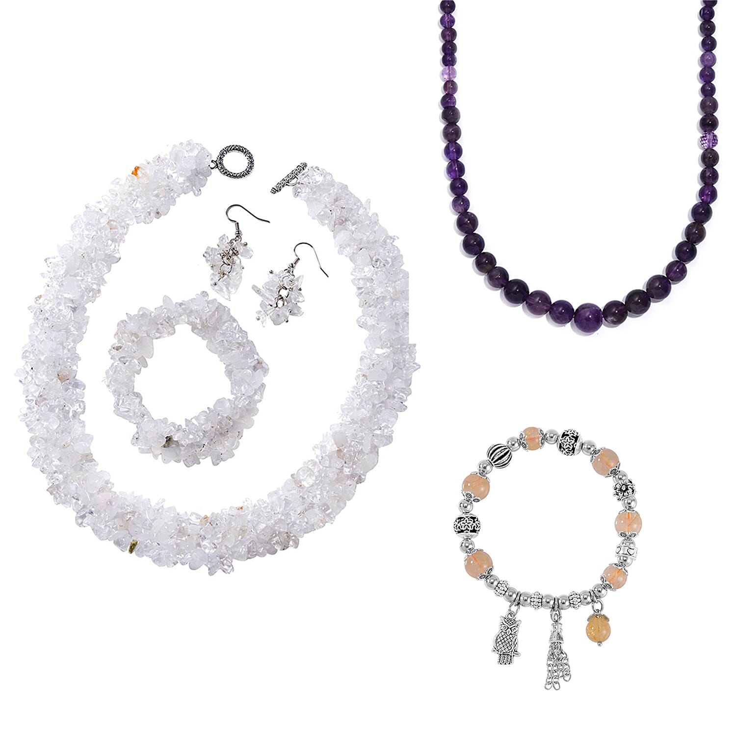 5 Piece Set - Multi Gemstone Beaded Stretch Bracelets, Necklace (20 Inches) and Earrings in Stainless Steel and Silvertone 1052.10 ctw