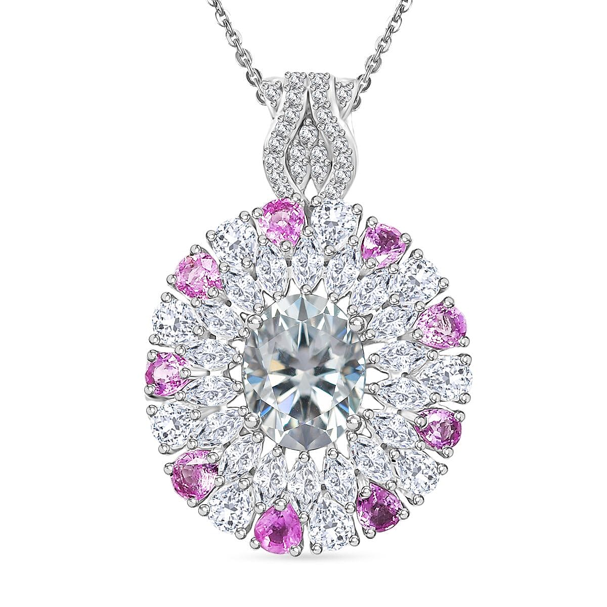Moissanite and Madagascar Pink Sapphire 7.70 ctw Cocktail Pendant Necklace in Rhodium Over Sterling Silver 20 Inches
