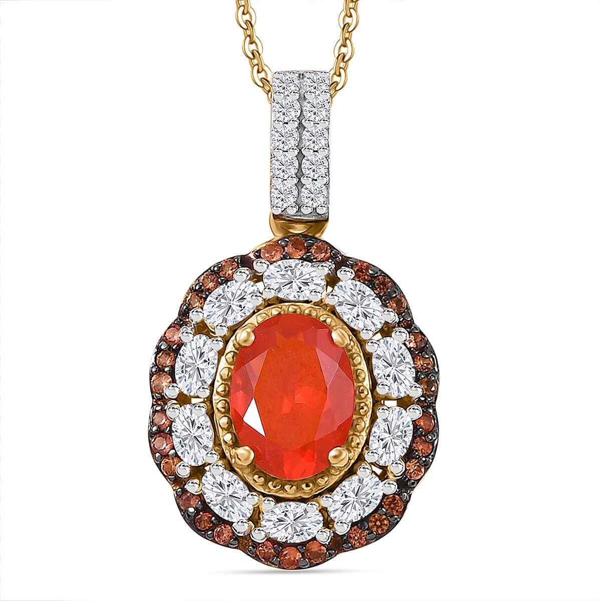 Mexican Cherry Fire Opal and Multi Gemstone 1.60 ctw Crimson Frost Pendant Necklace in 18K Vermeil Yellow Gold Over Sterling Silver 20 Inches