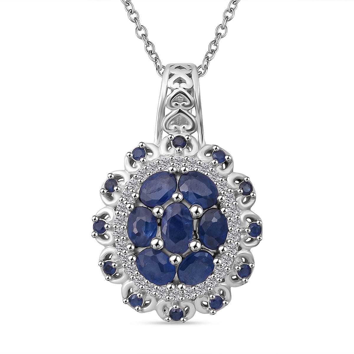 Kanchanaburi Blue Sapphire and White Zircon 2.25 ctw Pendant Necklace in Rhodium Over Sterling Silver 20 Inches