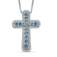 Luxuriant Lab Grown Blue Diamond (IR) SI 1.00 ctw Cross Pendant Necklace in Rhodium Over Sterling Silver 20 Inches