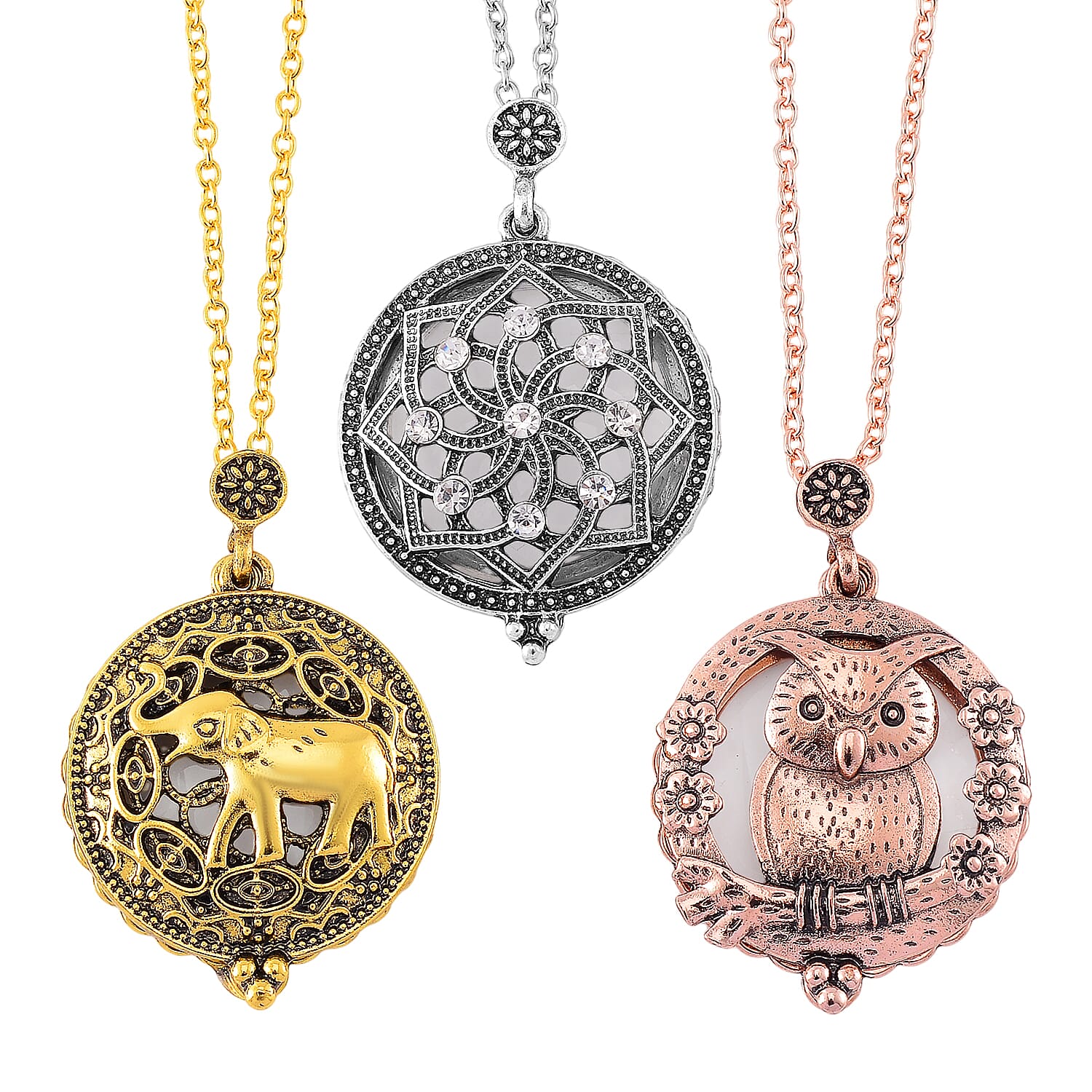 Set of 3 5X Magnifying Glass Lens Flower, Elephant and Owl Necklace 30-32 Inches in Tri-tone