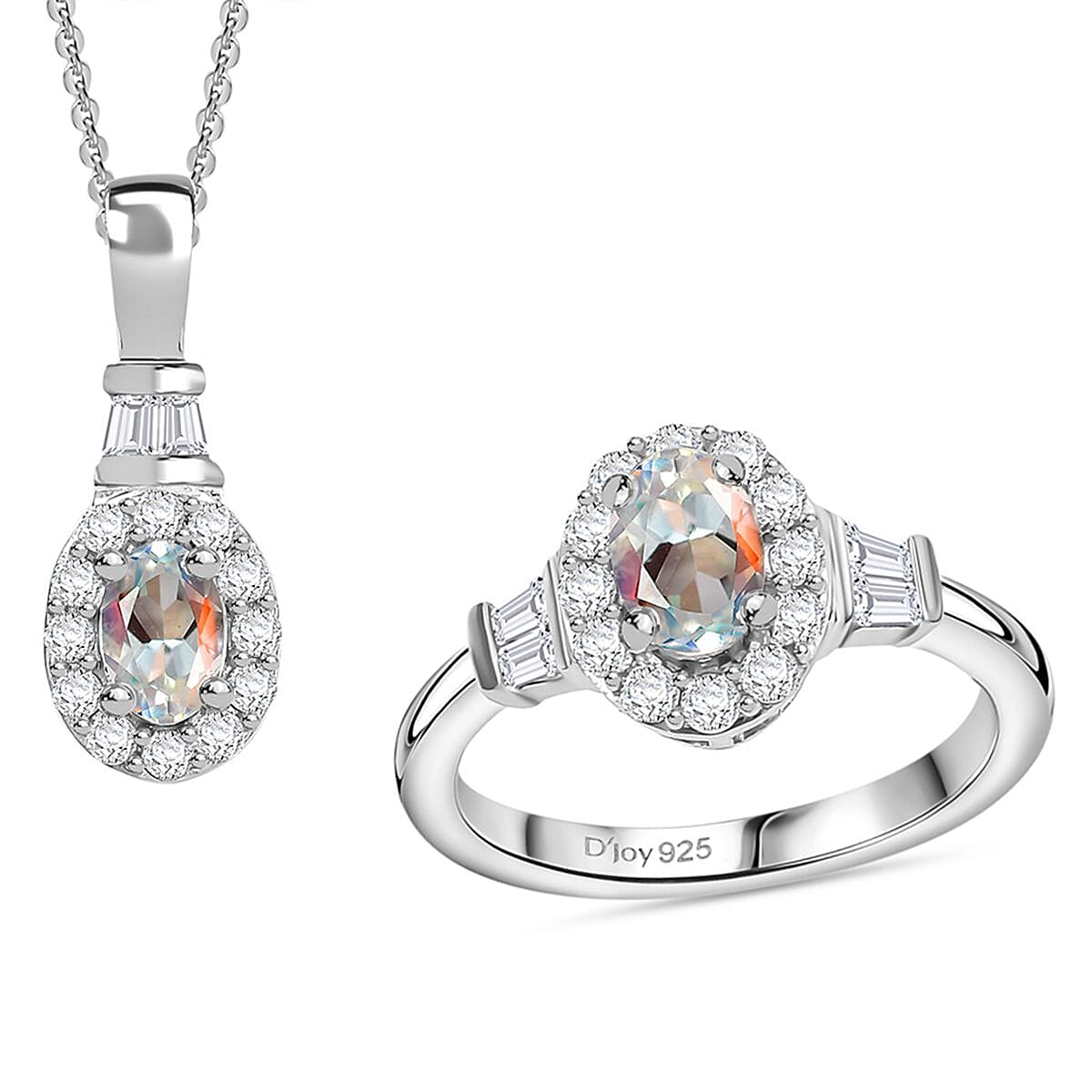 Premium Malagasy Moonstone, Moissanite Halo Ring (Size 5.0), Pendant Necklace (20 Inches) in Rhodium Over Sterling Silver 1.50 ctw