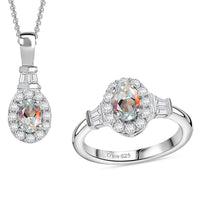 Premium Malagasy Moonstone, Moissanite Halo Ring (Size 5.0), Pendant Necklace (20 Inches) in Rhodium Over Sterling Silver 1.50 ctw