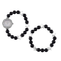 2pcs Set - Strada Yellow Tigers Eye, Crystal Japanese Movement Beaded Stretch Bracelet Charm Watch and Bracelet with Resin Star (7-7.5In) 24.00 ctw