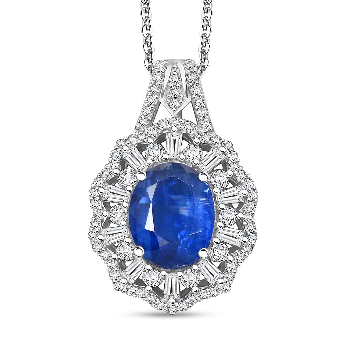 TLV Kashmir Kyanite, Moissanite Pendant Necklace (20 Inches) in Rhodium Over Sterling Silver 4.50 ctw