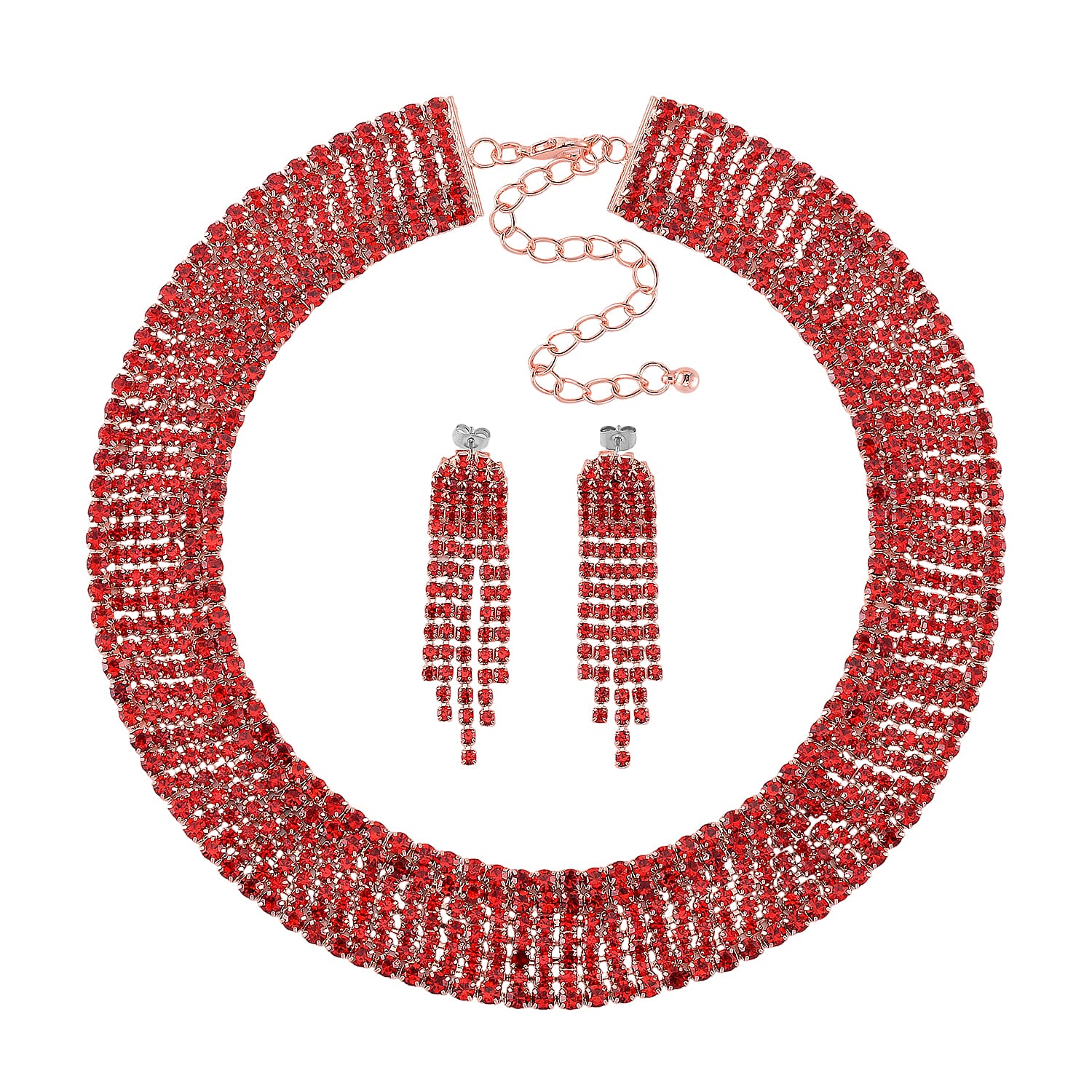 One Time Only Red Austrian Crystal Necklace (16-20 Inches) and Earrings in Goldtone