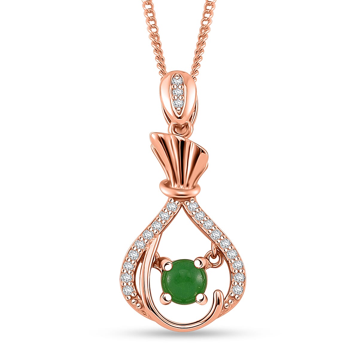 Green Jade (D) and White Zircon 0.75 ctw Pendant Necklace in 14K Rose Gold Over Sterling Silver 18 Inches