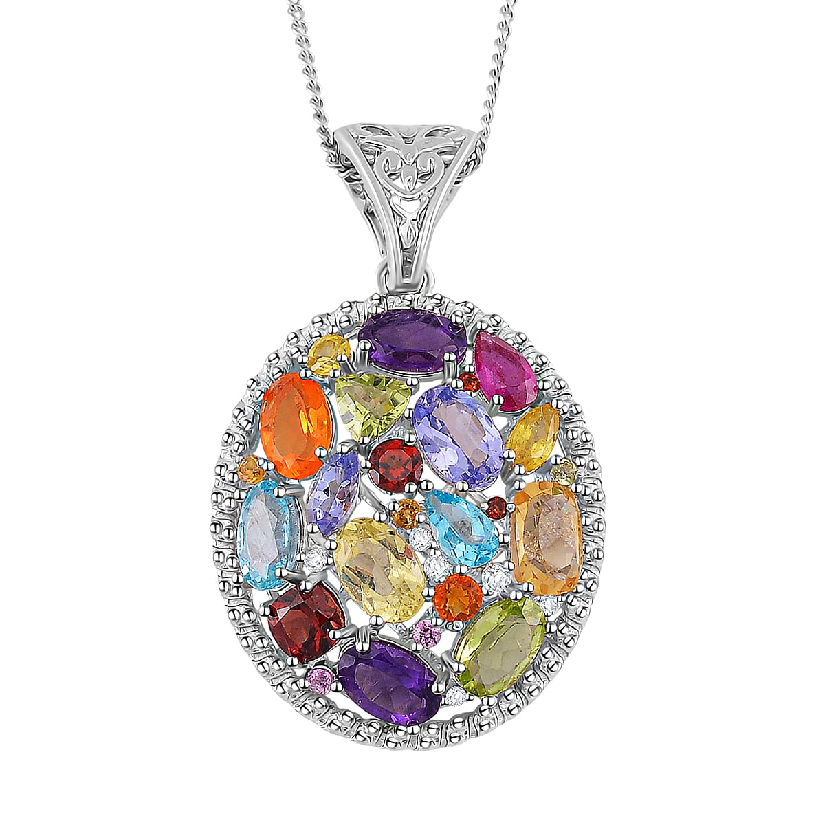 D'Joy Multi Gemstone 6.15 ctw Prism Bloom Pendant Necklace in Rhodium Over Sterling Silver 20 Inches