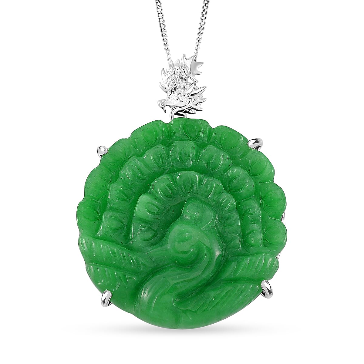 Green Jade (D) 53.50 ctw Carved Peacock Pendant Necklace in Rhodium Over Sterling Silver 18 Inches