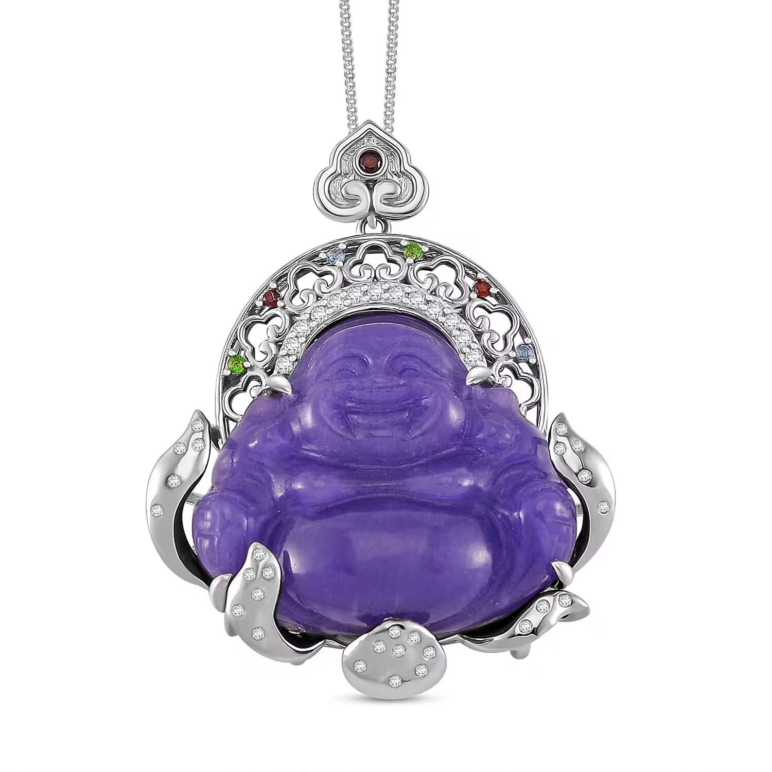 Purple Jade Carved (D) and Multi Gemstone 47.65 ctw Buddha Pendant Necklace in Rhodium Over Sterling Silver 18 Inches