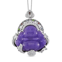 Purple Jade Carved (D) and Multi Gemstone 47.65 ctw Buddha Pendant Necklace in Rhodium Over Sterling Silver 18 Inches