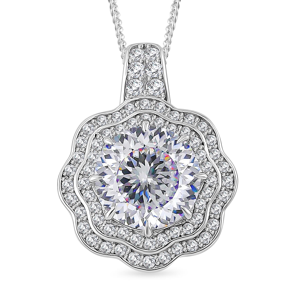 120 Faceted Moissanite (Rnd 10 mm) Floral Pendant Necklace (20 Inches) in Platinum Over and Rhodium Over Sterling Silver 3.90 ctw