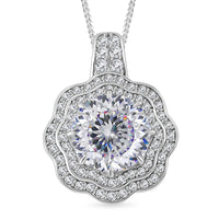 120 Faceted Moissanite (Rnd 10 mm) Floral Pendant Necklace (20 Inches) in Platinum Over and Rhodium Over Sterling Silver 3.90 ctw