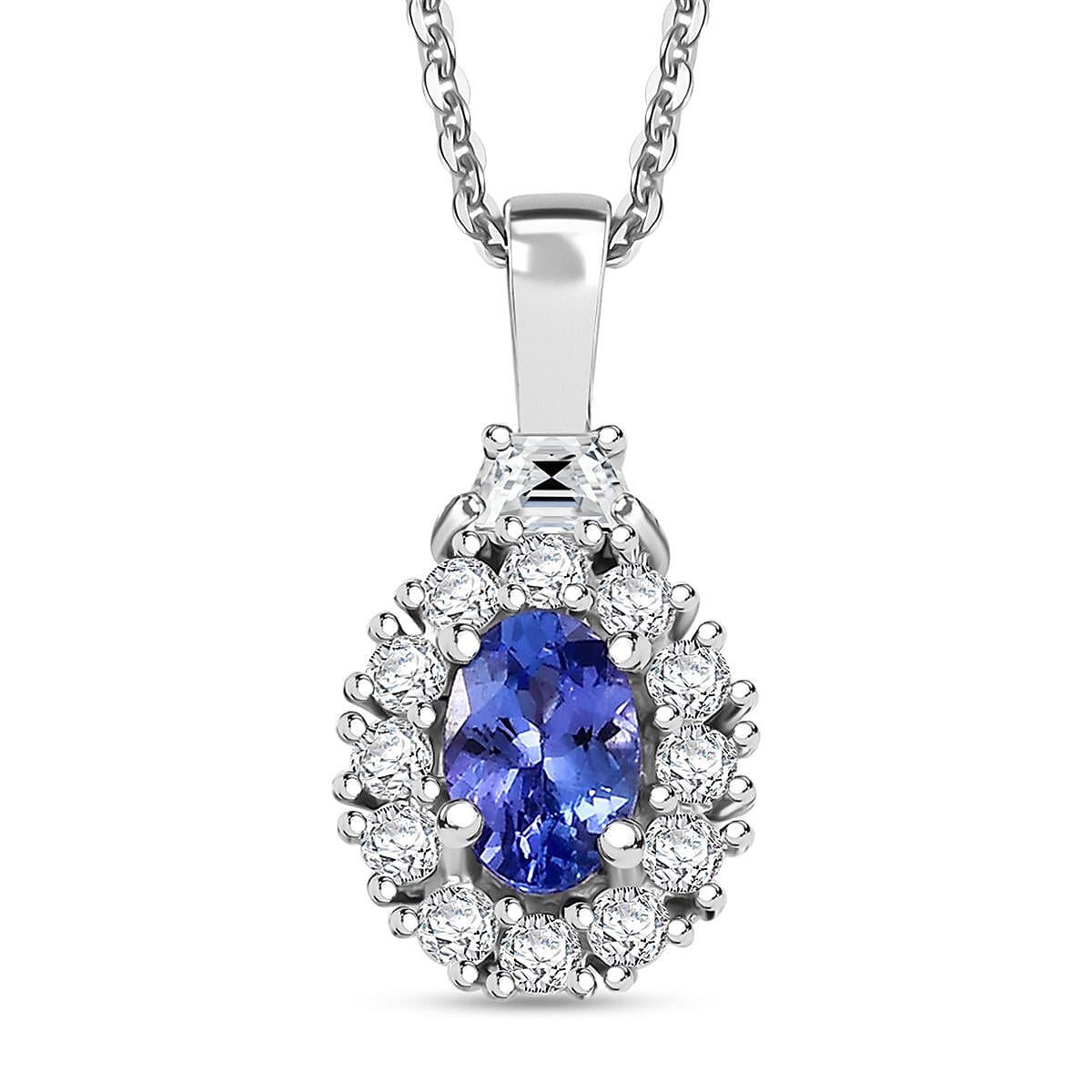 AAA Tanzanite and White Zircon 0.90 ctw Halo Pendant Necklace in Rhodium Over Sterling Silver 20 Inches