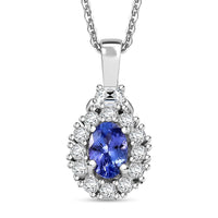 AAA Tanzanite and White Zircon 0.90 ctw Halo Pendant Necklace in Rhodium Over Sterling Silver 20 Inches
