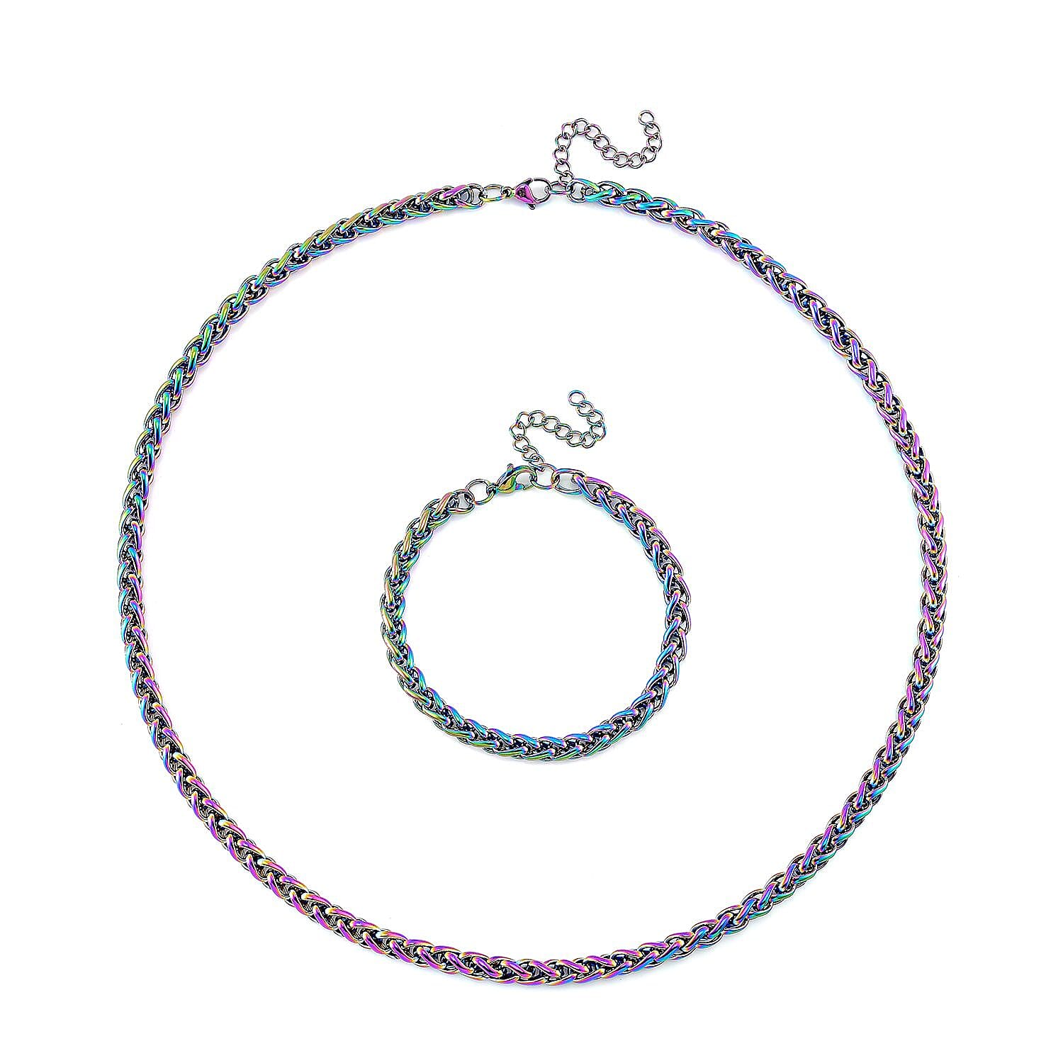 2 Piece Set - Spiga Chain Necklace (22-24 Inches) and Bracelet (7.5-9.5In) in ION Plated Rainbow Color Stainless Steel