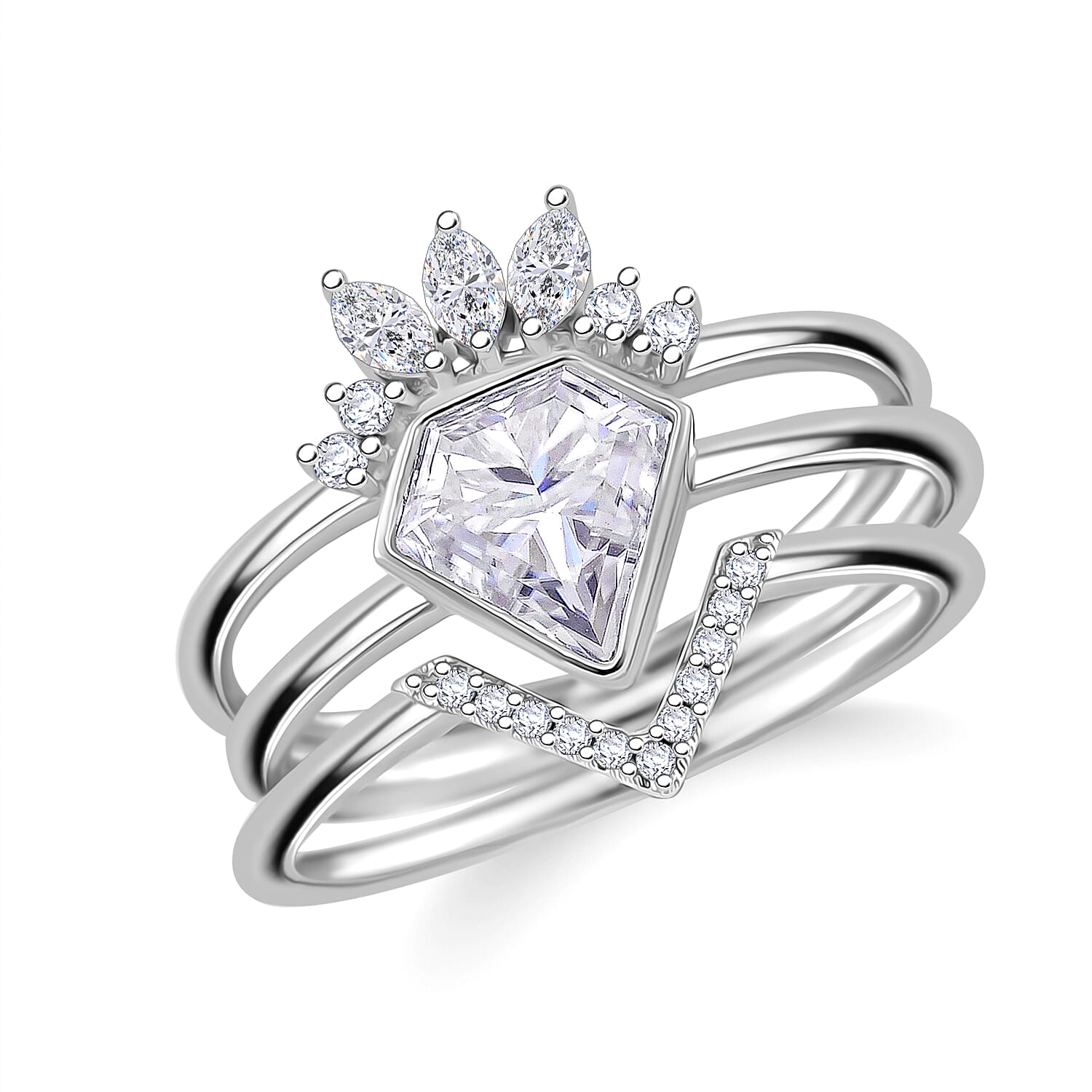 Set of 3 - Diamond Cut Moissanite (Fancy 8x8 mm) Stackable Ring in Rhodium Over Sterling Silver (Size 5) 2.00 ctw