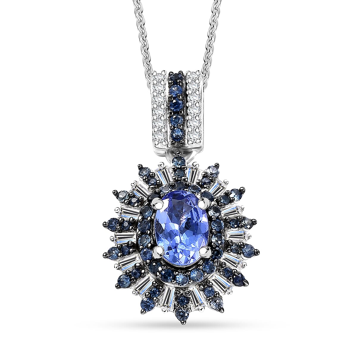 AAA Tanzanite, Blue Sapphire, Diamond 1.75 ctw Pendant Necklace in Rhodium Over Sterling Silver 20 Inches