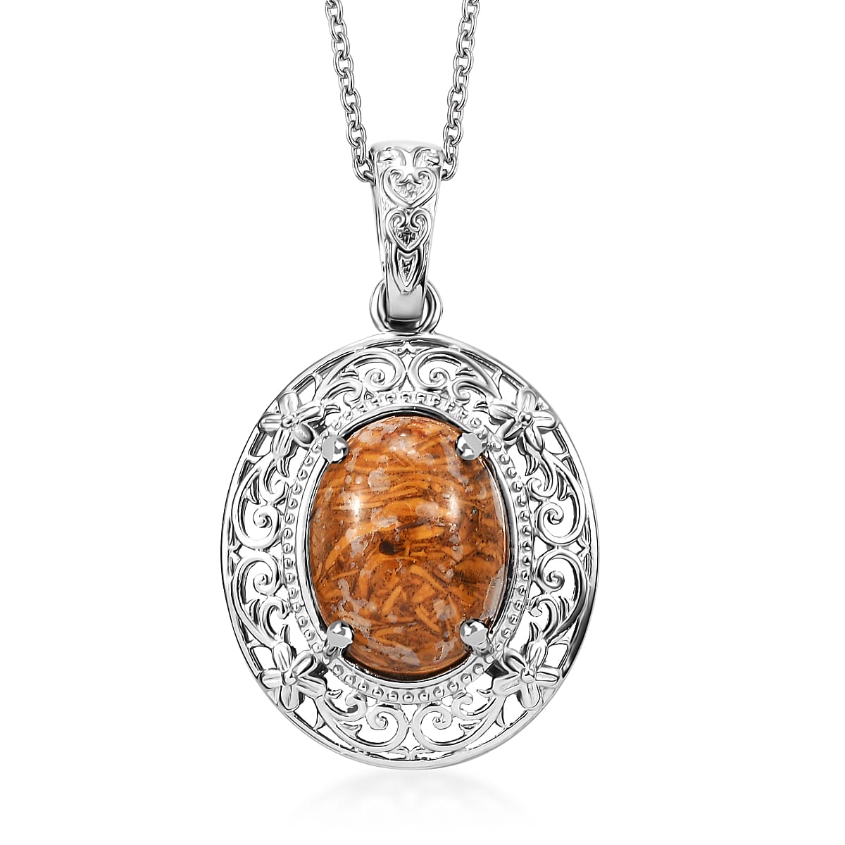 Script Stone Pendant in Platinum Over Copper with Stainless Steel Necklace (20 Inches) 7.60 ctw