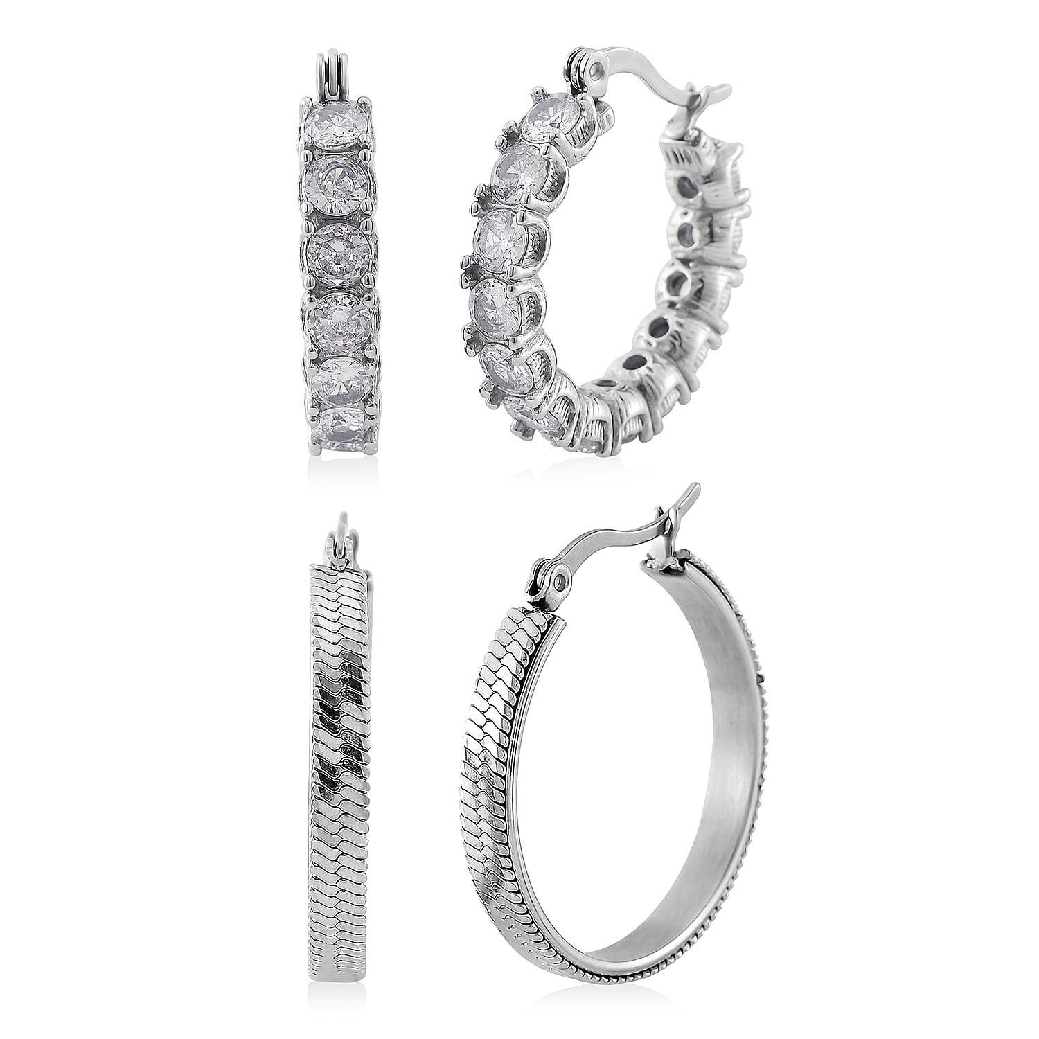 One Time Only Simulated Diamond Set of 2 Hoop Earrings in Stainless Steel 6.00 ctw