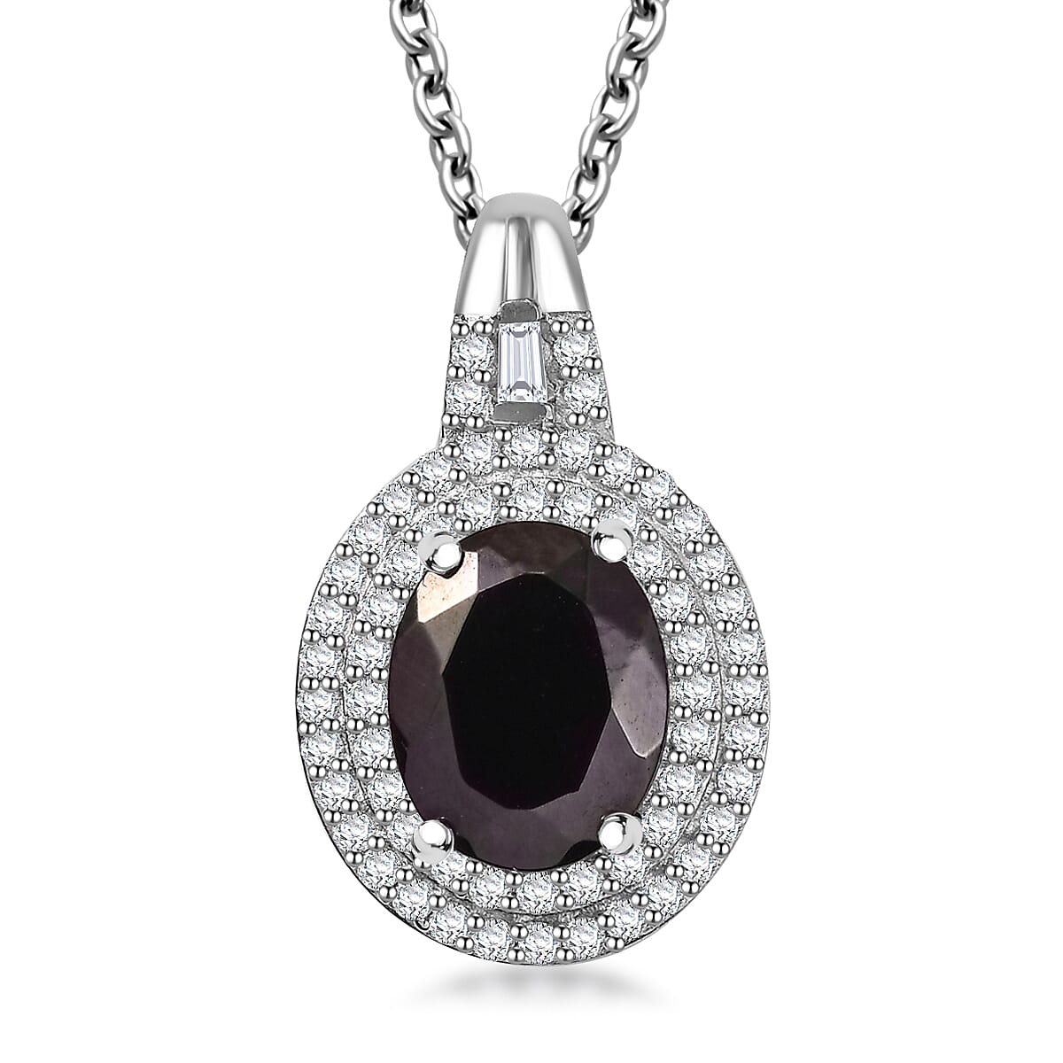 Karis Elite Shungite and White Zircon 2.35 ctw Midnight Halo Pendant Bond in Platinum with Stainless Steel Necklace 20 Inches