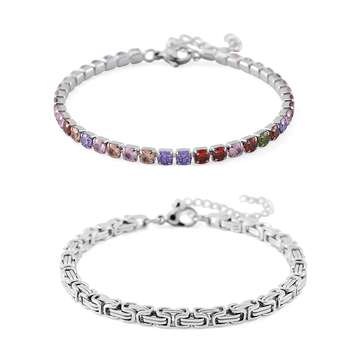 Simulated Multi Color Diamond Set of 2 Tennis and Byzantine Bracelet in Stainless Steel (7.50-9.0In)