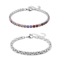 Simulated Multi Color Diamond Set of 2 Tennis and Byzantine Bracelet in Stainless Steel (7.50-9.0In)