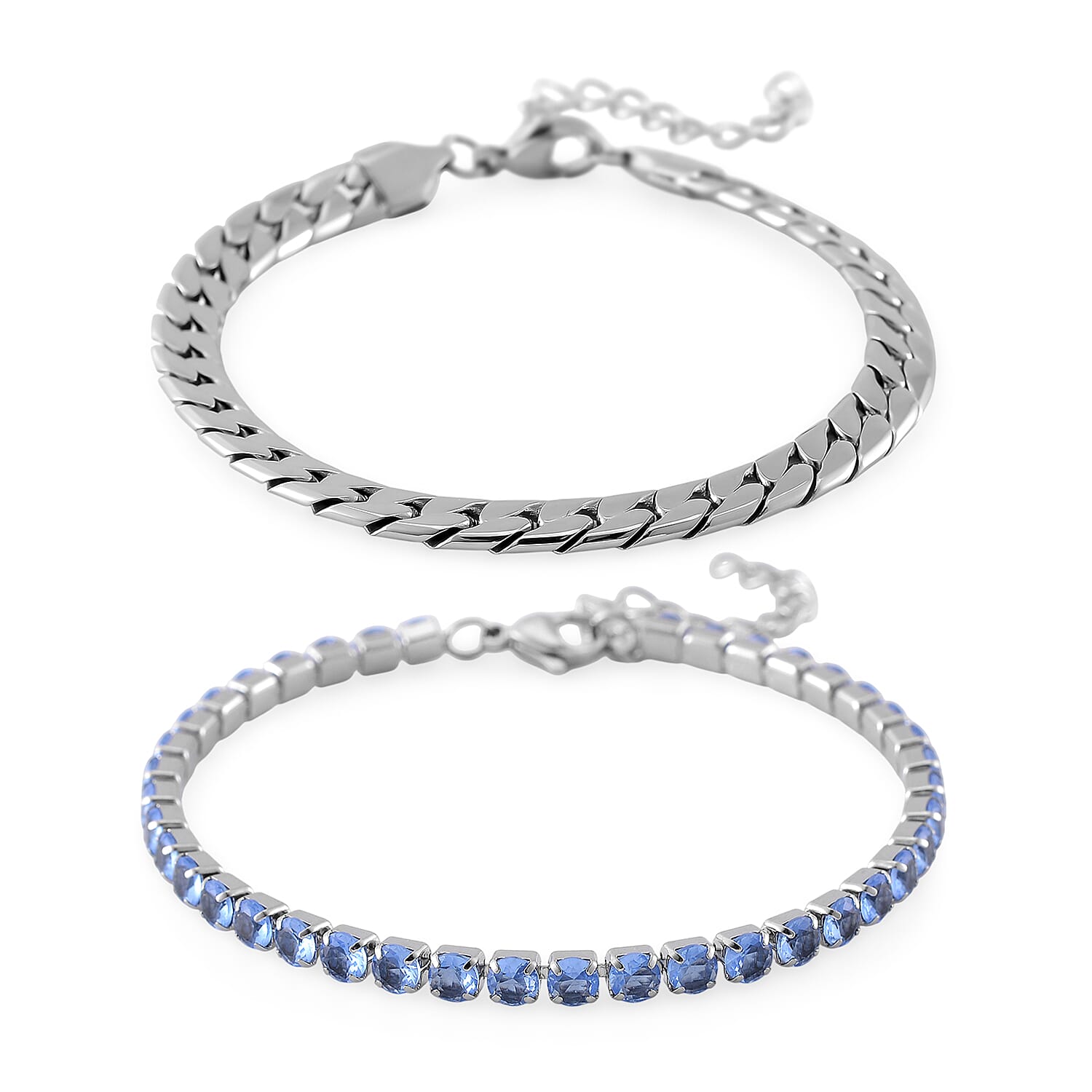 One Time Only Simulated Blue Diamond Set of 2 Tennis and Curb Bracelet in Stainless Steel (7.50-9.0In) 13.00 ctw