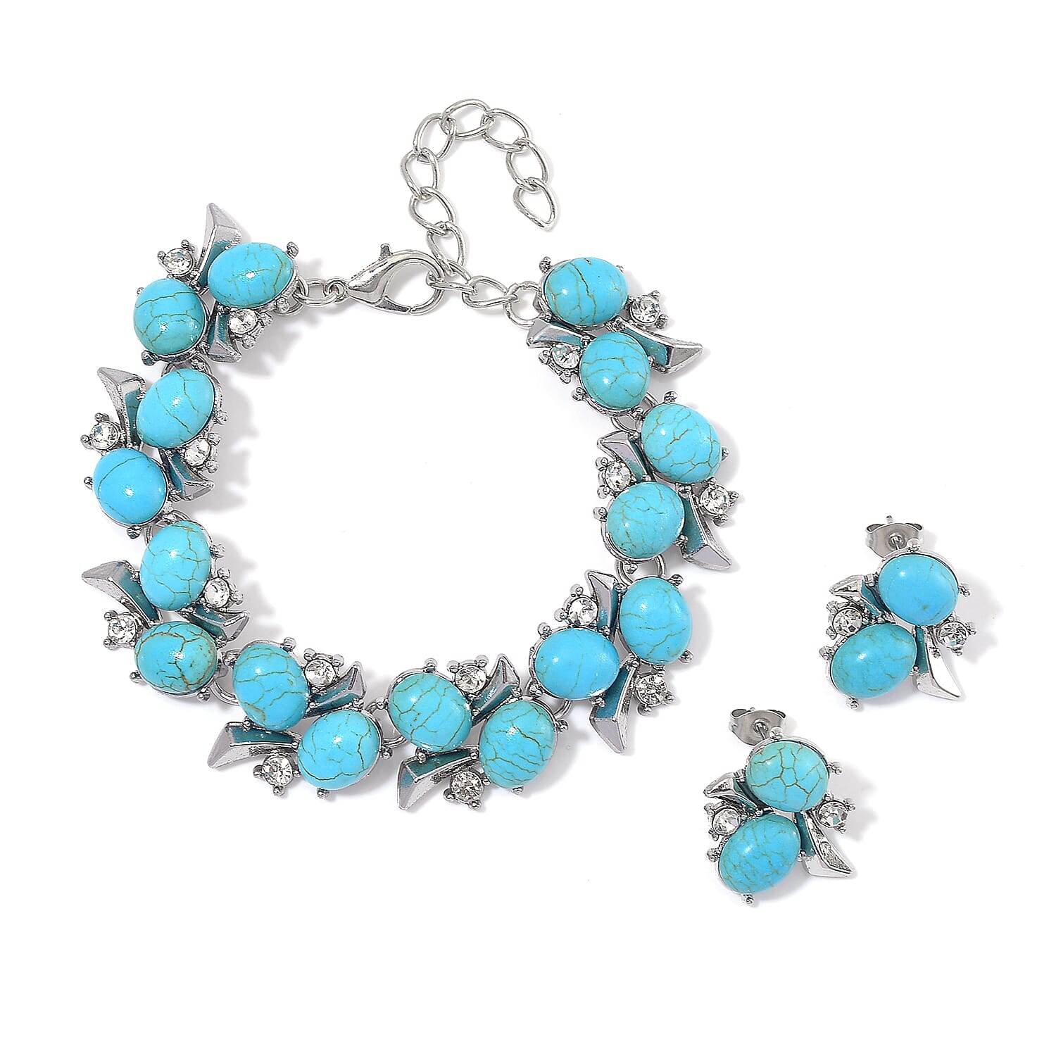 TLV Blue Howlite, White Crystal Bracelet (6.50In) and Earrings in Silvertone 90.00 ctw