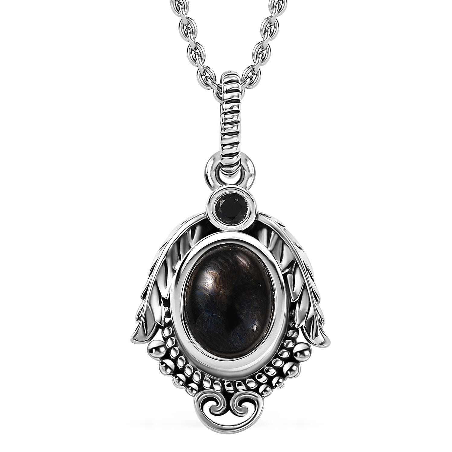 Artisan Crafted Elite Shungite and Thai Black Spinel 1.15 ctw Feather Pendant in Sterling Silver with Stainless Steel Necklace 20 Inches