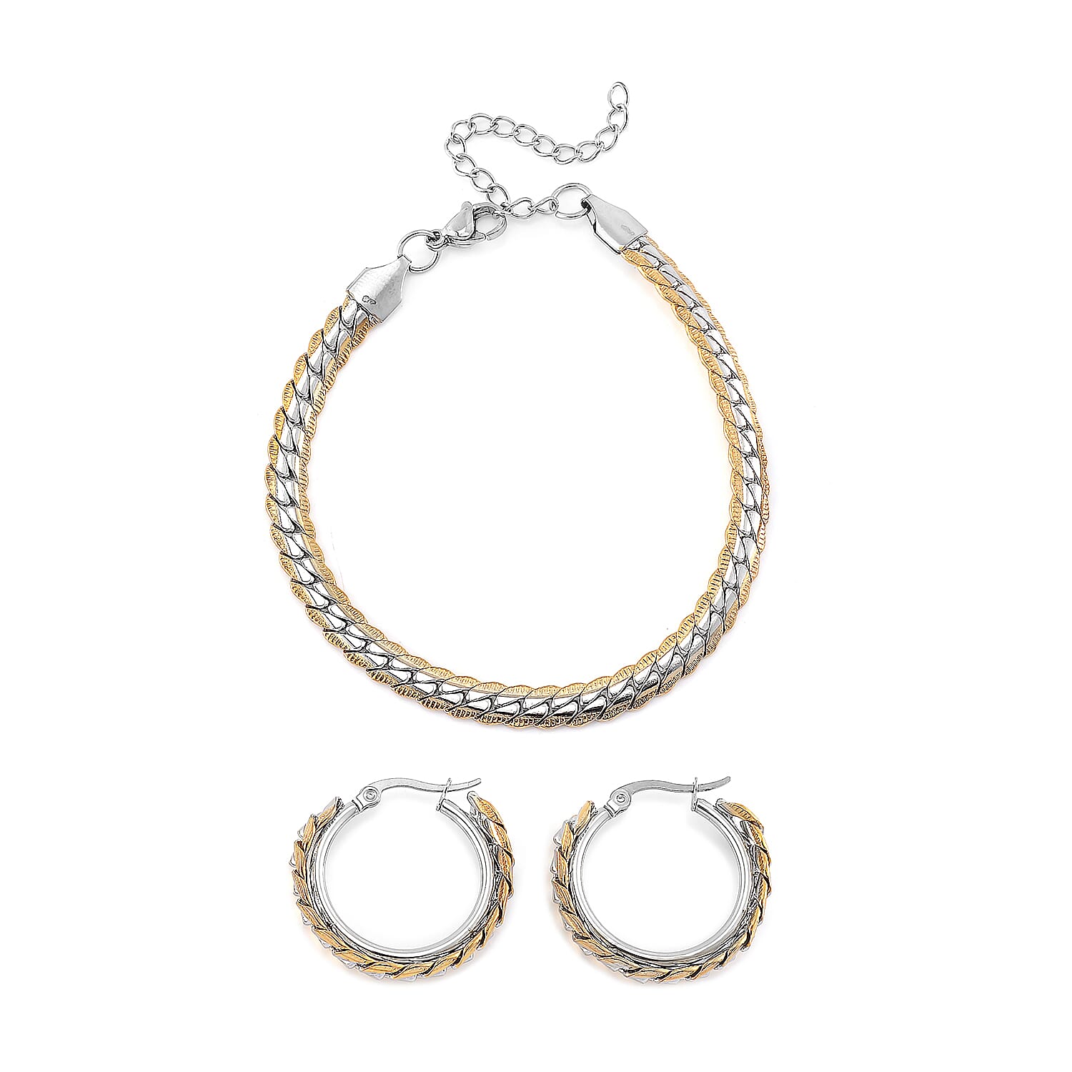 6mm Curb Chain Bracelet (7.50-9.50In) and Hoop Earrings in ION Plated YG and Stainless Steel