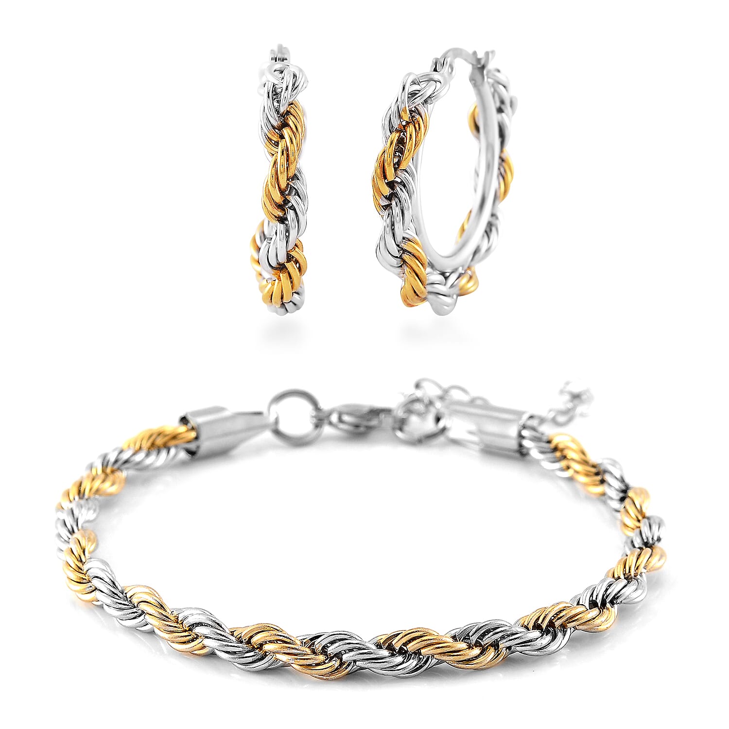 6mm Rope Chain Bracelet (7.50-9.50In) and Hoop Earrings in ION Plated YG and Stainless Steel