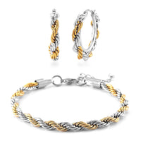 6mm Rope Chain Bracelet (7.50-9.50In) and Hoop Earrings in ION Plated YG and Stainless Steel