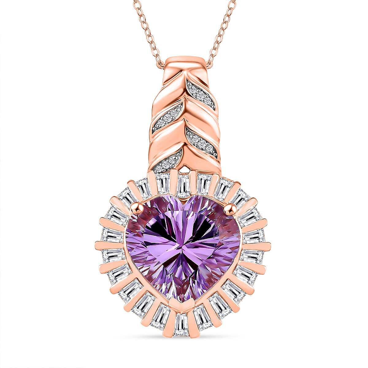GP Amore Collection Premium Rose De France Amethyst and Moissanite 9.70 ctw Pendant Necklace in 18K Vermeil Rose Gold Over Sterling Silver 20 Inches