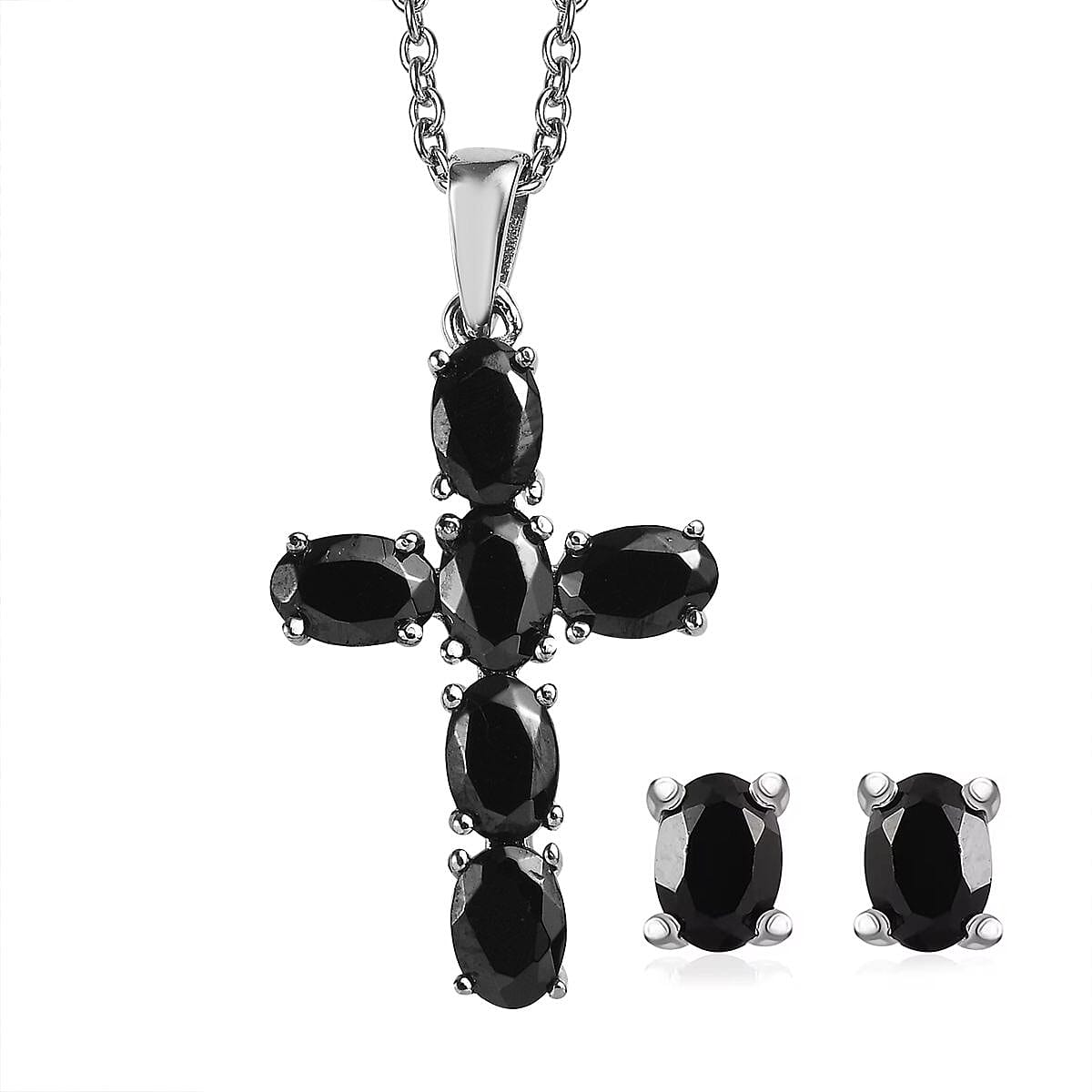 Set of 2 Elite Shungite 2.10 ctw Solitaire Stud Earrings and Cross Pendant Necklace 20 Inches in Stainless Steel