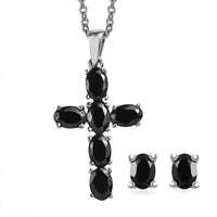 Set of 2 Elite Shungite 2.10 ctw Solitaire Stud Earrings and Cross Pendant Necklace 20 Inches in Stainless Steel