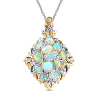 Ethiopian Welo Opal and White Zircon 2.25 ctw Cluster Filigree Pendant Necklace in 18K Vermeil YG and Rhodium Over Sterling Silver 20 Inches