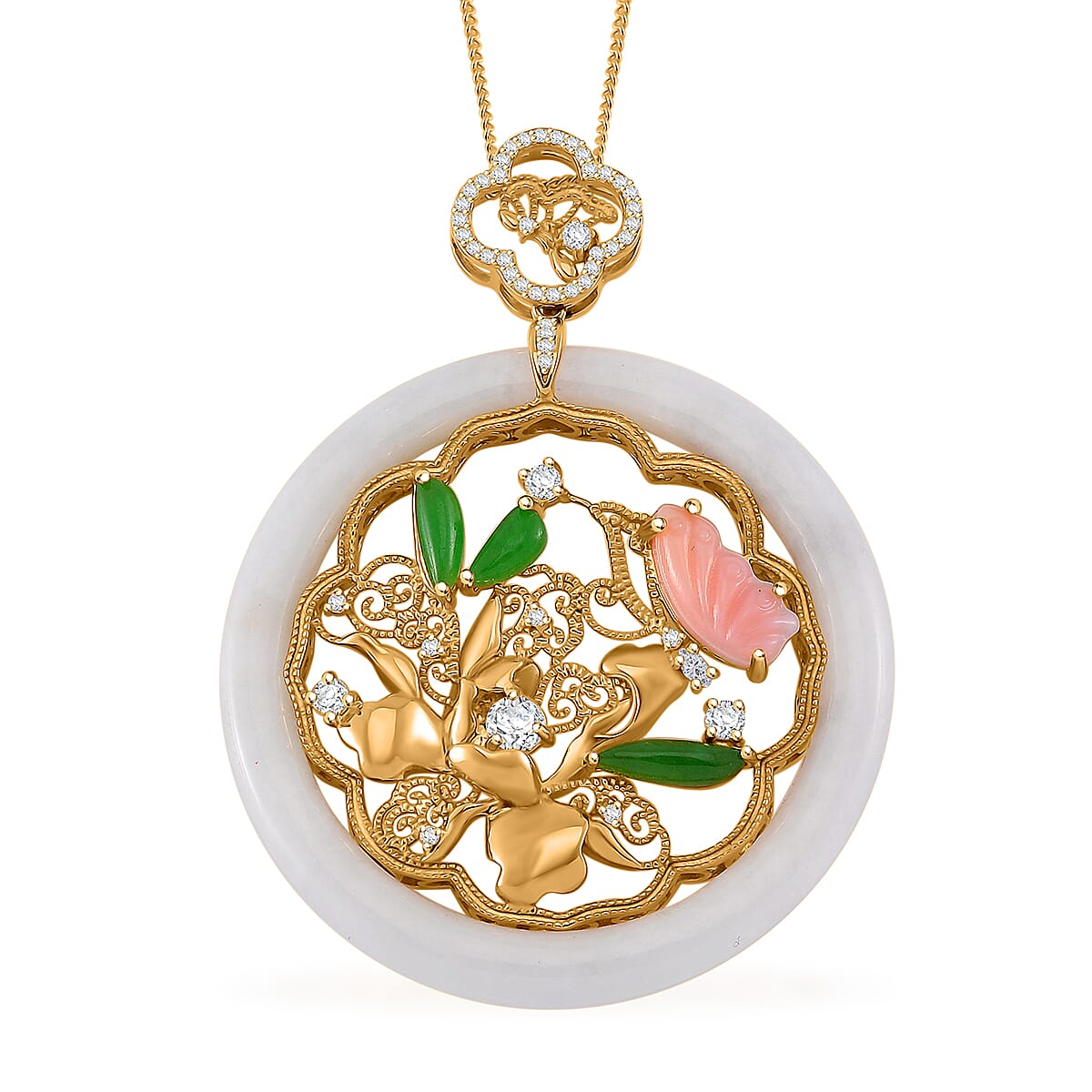 Natural Jade and Multi Gemstone 47.00 ctw Butterfly Garden Pendant Necklace in 18K Vermeil Yellow Gold Over Sterling Silver 20 Inches