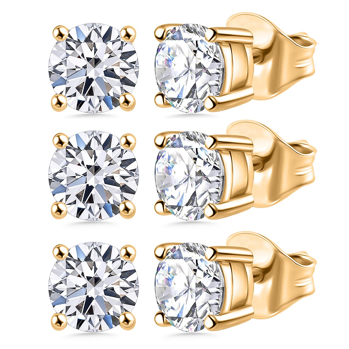 Set of 3 Luxuriant Lab Grown Diamond (G-H, SI) Solitaire Stud Earrings in Platinum Over Sterling Silver 1.50 ctw