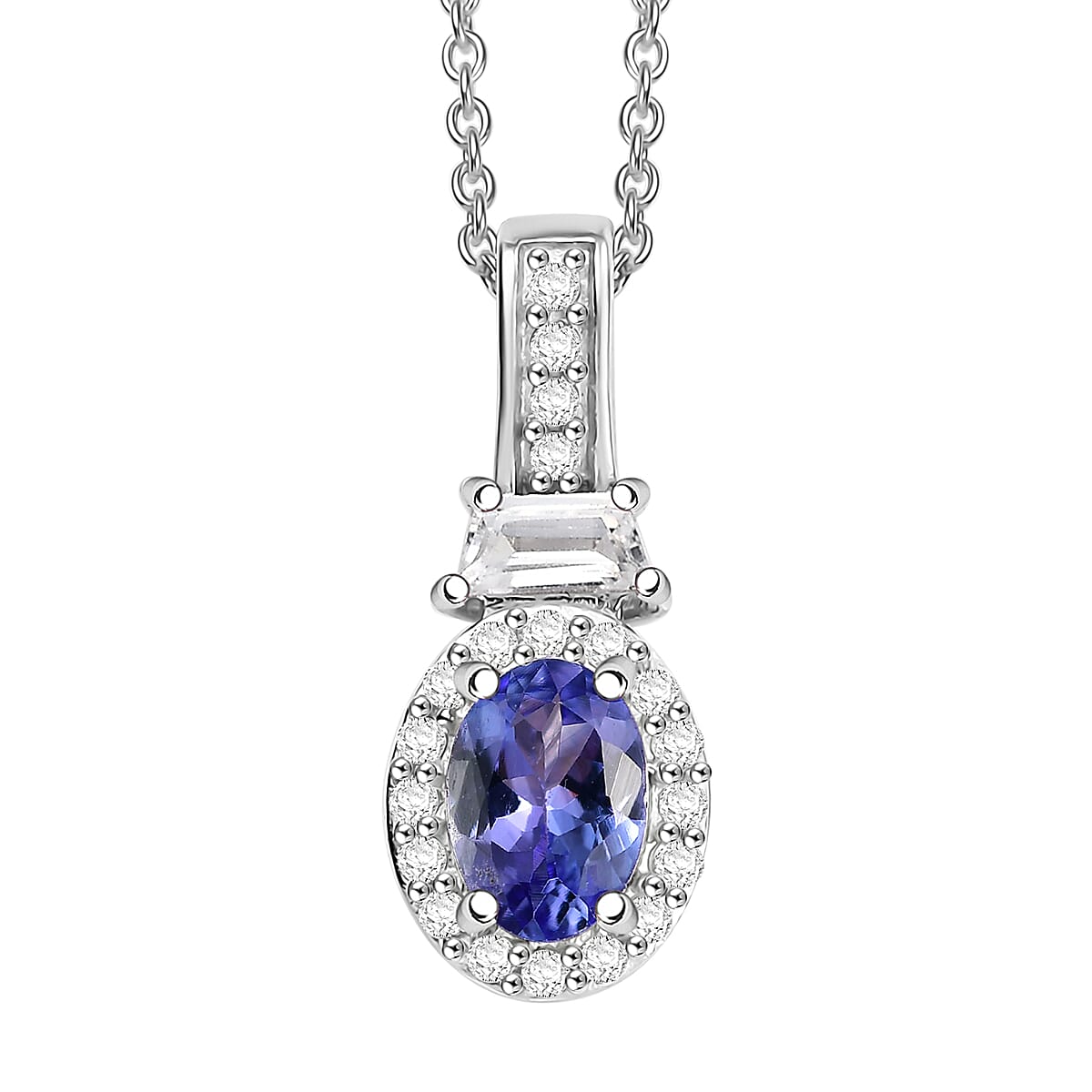 D'Joy Tanzanite and White Zircon 1.30 ctw Pendant in Rhodium Over Sterling Silver with Stainless Steel Necklace 20 inches