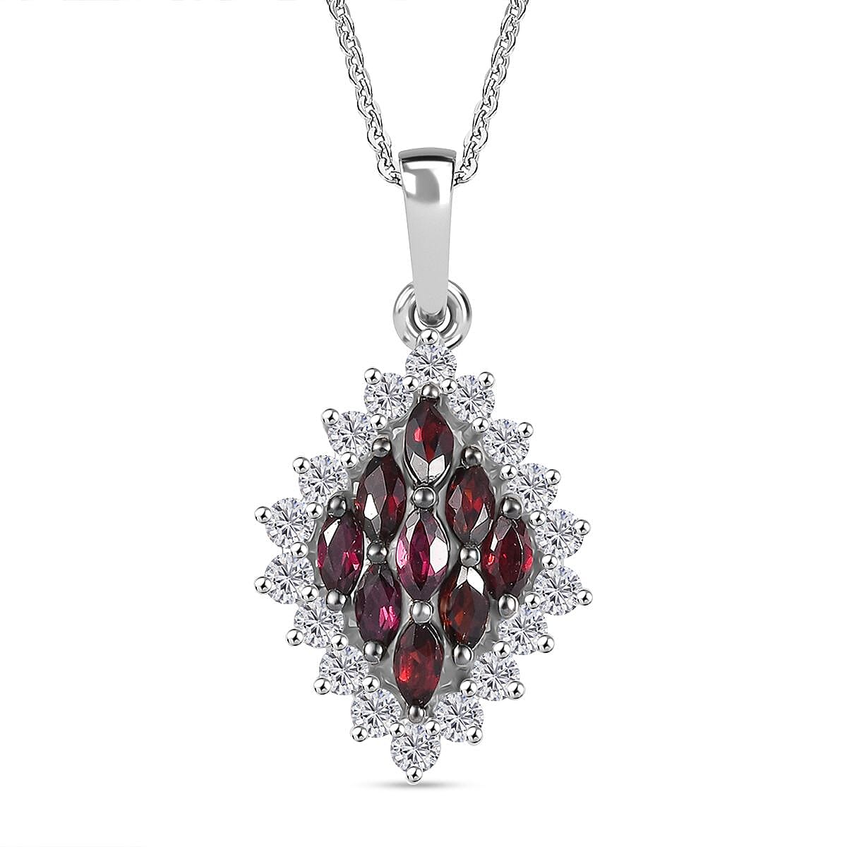 Premium Anthill Garnet and White Zircon 1.90 ctw Crimson Majesty Pendant in Rhodium Over Sterling Silver with Stainless Steel Necklace 20 Inches
