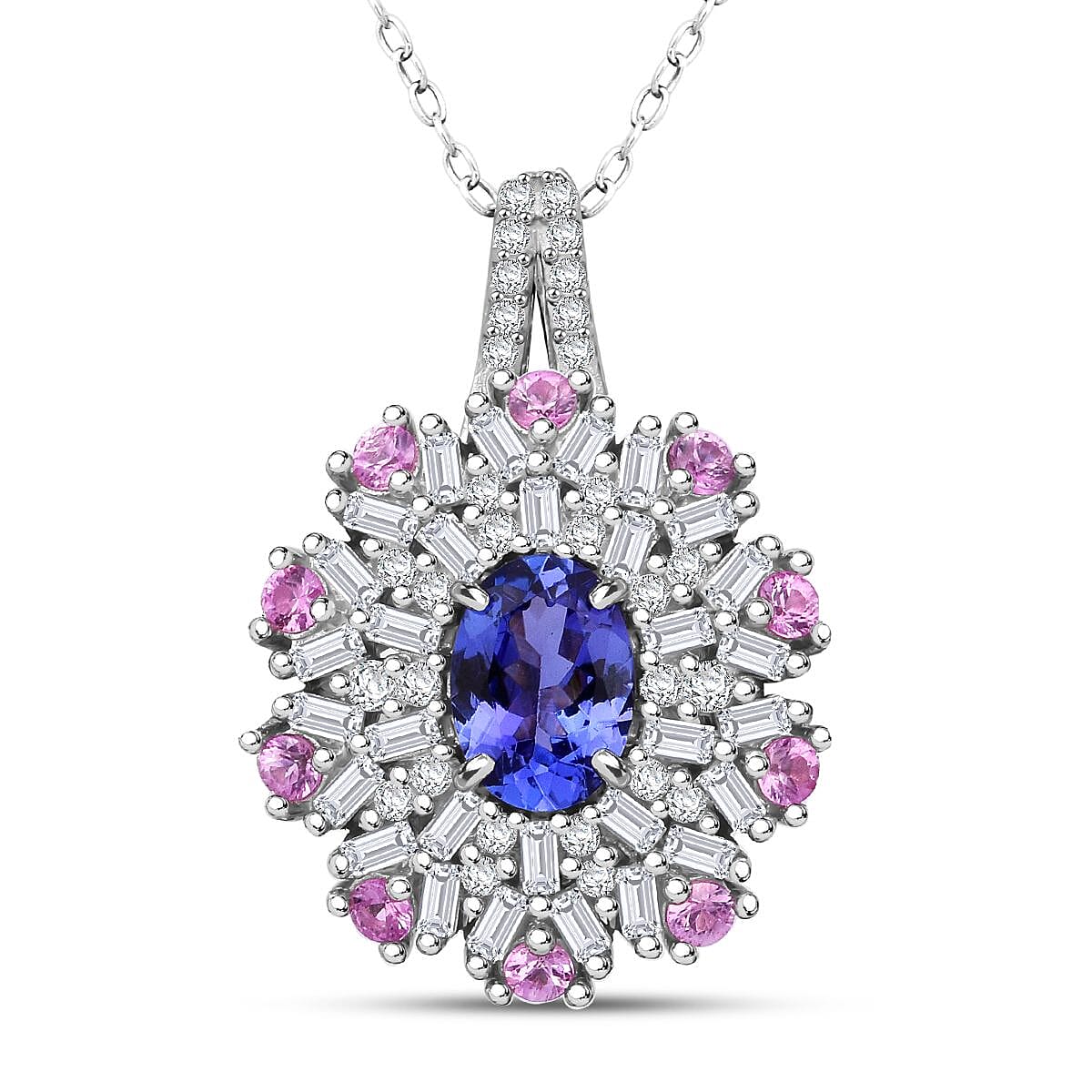 AAA Tanzanite and Multi Gemstone 1.90 ctw Blushing Radiance Pendant Necklace in Rhodium Over Sterling Silver 20 Inches