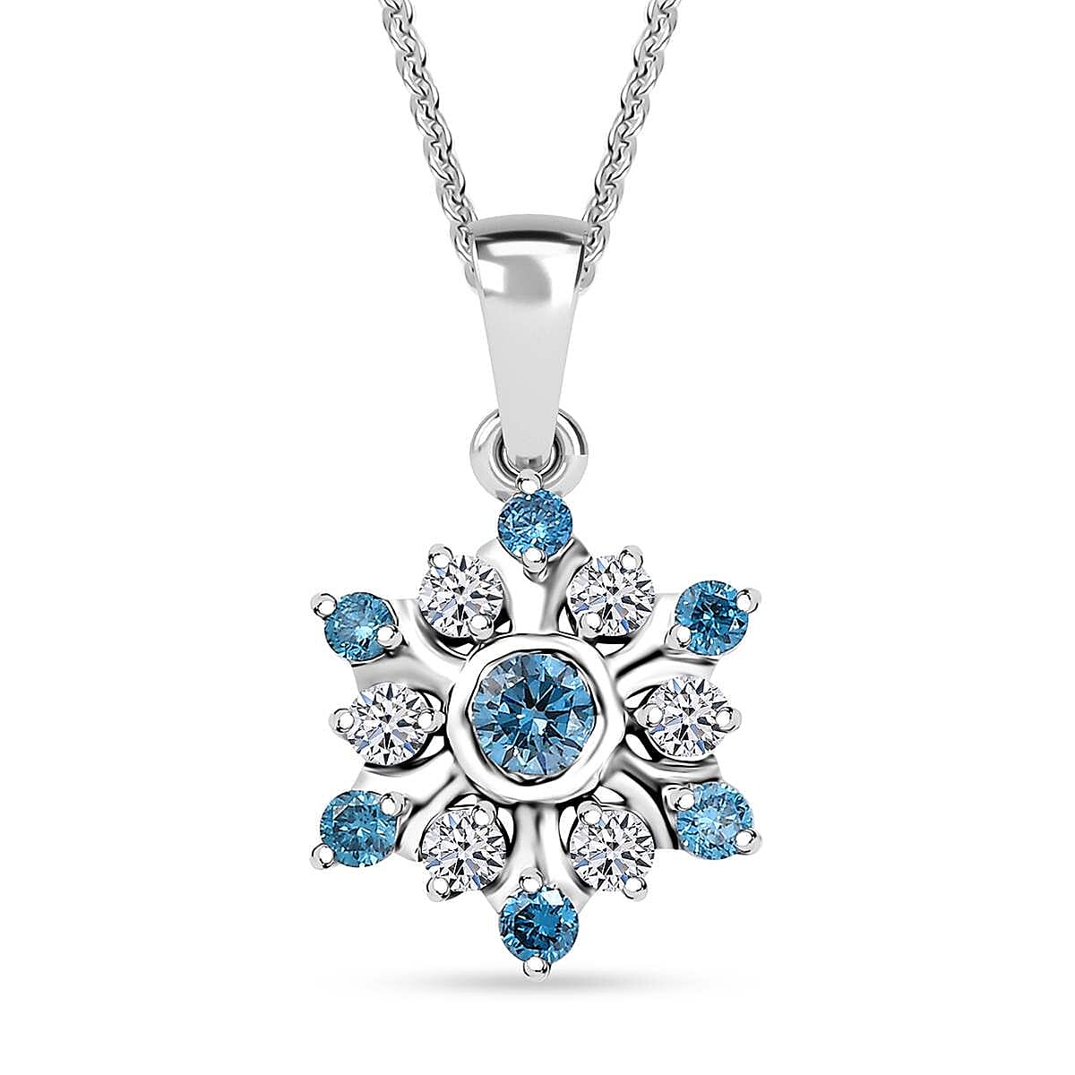 Luxuriant Lab Grown Blue Diamond (IR) and Lab Grown White Diamond SI 0.50 ctw Snowflake Pendant Necklace 20 Inches in Rhodium Over Sterling Silver